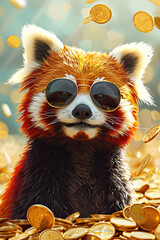 Fototapeta premium Funny and cute red panda wearing sunglasses surrounded by gold coins