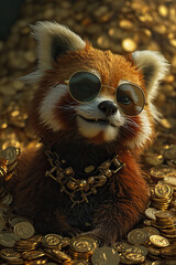 Fototapeta premium Funny and cute red panda wearing sunglasses surrounded by gold coins