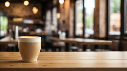 Cozy Coffee Shop Scene with Rustic Wooden Table for Mockups and Product Displays