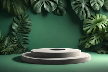 Concrete podium in tropical forest for product presentation and green wall.3d rendering
