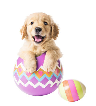 A happy and cute golden retriever dog puppy hatching out of a colorful easter egg isolated on a white background