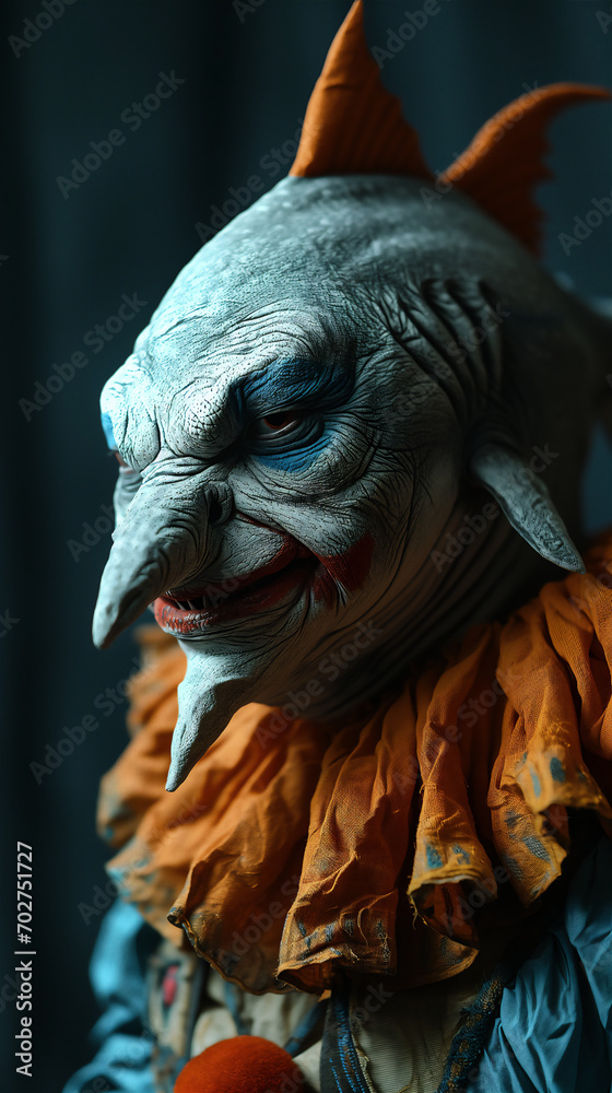 Poster fantastic character of a shark in a clown costume on a dark background - Posters