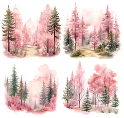 Watercolor forest landscapes in pink tones