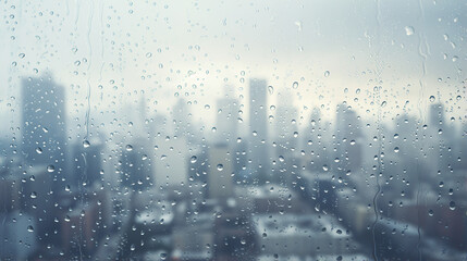 Overlooking a city landscape through misty white glass window with raindrops during storm