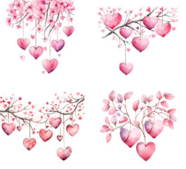 Branches with pink hearts. Watercolor Valentines Day clipart