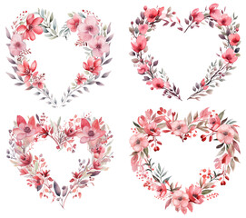 Flower heart wreaths - watercolor Valentines Day set