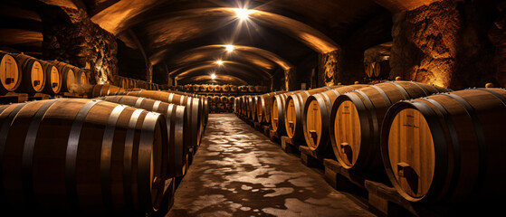Wooden wine barrels in a cellar creating