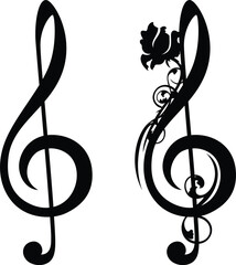 treble clef decorated with blooming rose flower - classical music harmony symbol black and white vector design set