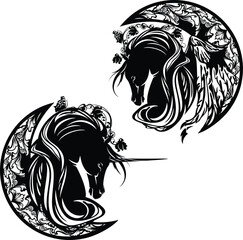 mythical unicorn and pegasus horse with moon crescent ornament, rose flowers and butterflies - magic stallion black and white vector design set
