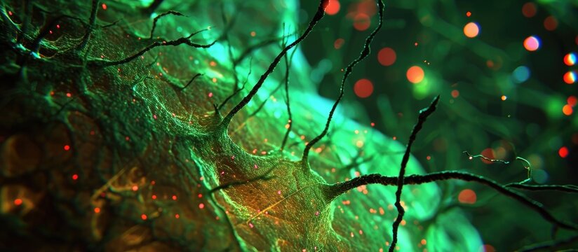 Stained Nissl bodies in motor neuron of spinal cord's ventral horn.