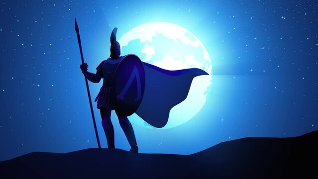 Motion graphics of Spartan warrior with his shield and spear standing gallantly against full moon