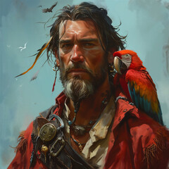 Portrait of a pirate with parrot on his shoulder
