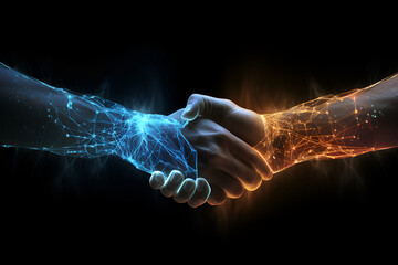 Abstract image of Business handshake in glowing blue. Low polygon, particle, and triangle style design.Wireframe light connection structure or points, lines, and shapes in the form of planets, stars  - obrazy, fototapety, plakaty