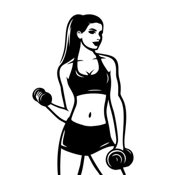 Fitness woman silhouette with dumbbell. Sexy athletic girl bodybuilder. Fitness female for gym or club concept. Vector illustration