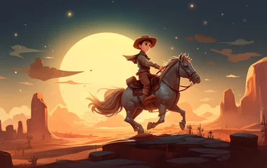 Tuinposter Cowboy riding a horse with sunset background.cartoon style. Generative AI © Nipawan