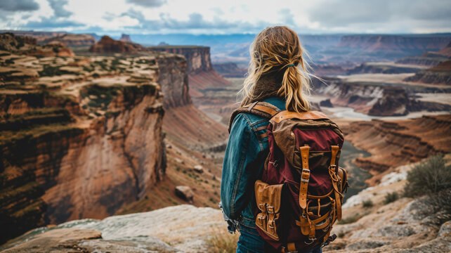 A woman standing alone above a canyon, a free traveler looking at the view towards the horizon, enjoying her adventure, her freedom and her trip through wild nature