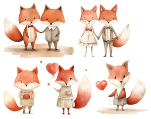 Cute foxes with red hearts. Watercolor Valentines Day clipart