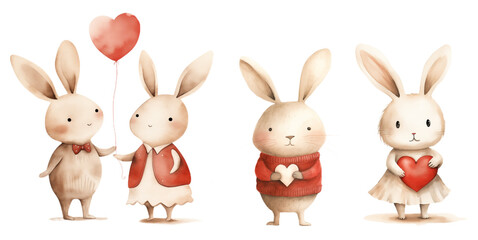 Obraz na płótnie Canvas Cute rabbits with red hearts. Watercolor Valentines Day clipart