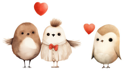 Cute birds with red hearts. Watercolor Valentines Day clipart