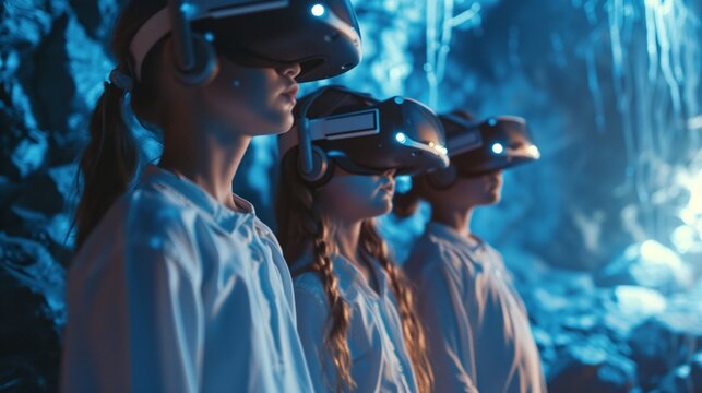 A group of children immersed in virtual reality headsets, their avatars soaring through fantastical worlds, blurring the lines between reality and imagination.