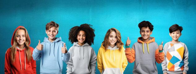 Happy group of multi-ethnic school children, smiling boys and girls on blue wall