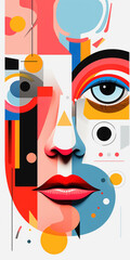 Abstract composition of facial elements with vibrant colors. Face illustration creatively designed with vibrant geometric shapes in pop and cubist manner.