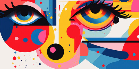 Abstract composition of facial elements with vibrant colors. Abstract illustration showcasing a face adorned with dynamic geometric shapes in pop and cubist design.