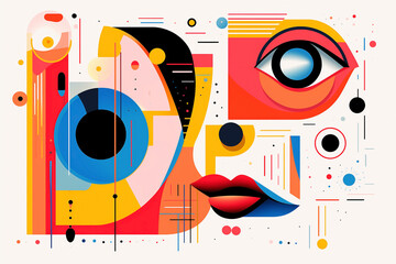Abstract composition of facial elements with vibrant colors. Illustration capturing facial elements creatively designed with dynamic geometric shapes in pop and cubist fashion.