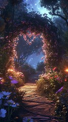 Pathway to the Heart: Enchanted Garden Arch, Romantic Wallpaper, Made with Generative AI (Midjourney)