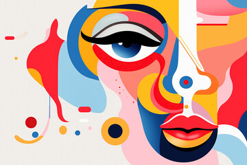Abstract composition of facial elements with vibrant colors. Face illustration creatively designed with geometric shapes in a pop and cubist style.