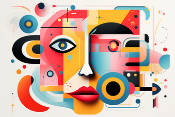 Abstract composition of facial elements with vibrant colors. Abstract portrayal of facial features with geometric shapes in a pop and cubist manner.