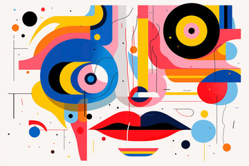 Abstract composition of facial elements with vibrant colors. Creative rendering of a face with geometric shapes in pop and cubist design.