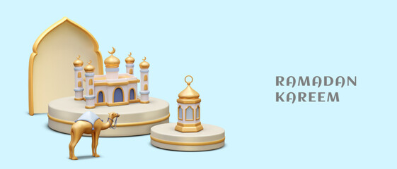 Vector realistic scene. Ramadan Kareem. Pilgrimage tours. Mosque with golden domes, camel, arch, lantern on podium. Trip to Arab country. Islam holiday concept