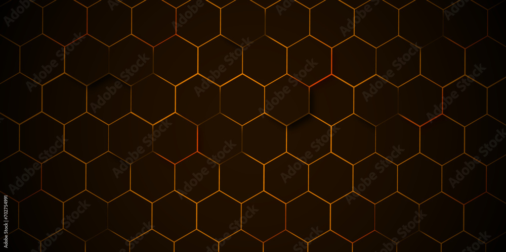 Poster abstract black and orange background with hexagons. honeycomb shiny background. abstract technology 