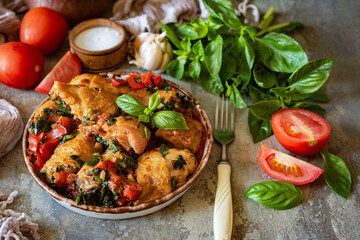Lunch dish for the whole family: Baked chicken with vegetables and spices on a beautiful plate. Delicious grilled chicken with vegetables for dinner for the whole family. Close-up