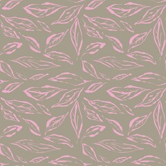 Seamless abstract botanical pattern. Simple background with beige, pink texture. Digital brush strokes. Foliage, leaves. Design for textile fabrics, wrapping paper, background, wallpaper, cover.