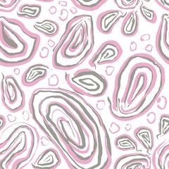 Seamless abstract geometric pattern. Simple background in pink, grey, white colors. Ovals, dots, lines. Digital texture. Design for textile fabrics, wrapping paper, background, wallpaper, cover.