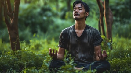 Man sitting meditating in the forest