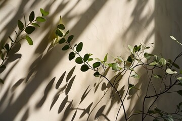 Nature finds a way to thrive in the most unlikely places as a shadowy plant gracefully clings to the outdoor wall, its vibrant leaves basking in the warm sun while its branch reaches towards the grou - obrazy, fototapety, plakaty