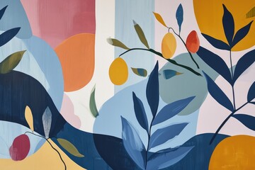 Vibrant strokes of paint bring life to a modern masterpiece, depicting a branch bursting with ripe fruits and verdant leaves in a stunning display of visual art