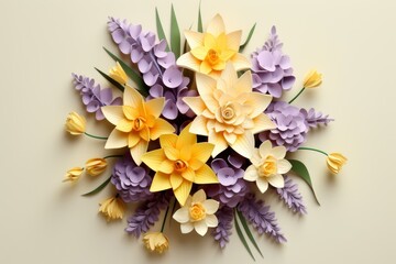 Easter floral arrangement of paper flowers - yellow daffodils and purple hyacinths on a light yellow background