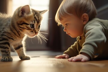 A one year old baby crawls towards a little kitten. The concept of childhood and knowledge of the world - obrazy, fototapety, plakaty