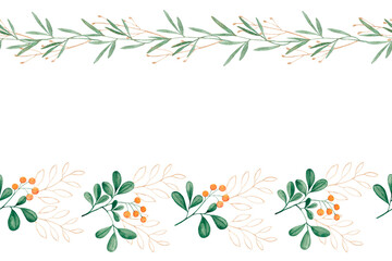 Seamless border with sprigs of yellow berries and green leaves on a white background. © Irina