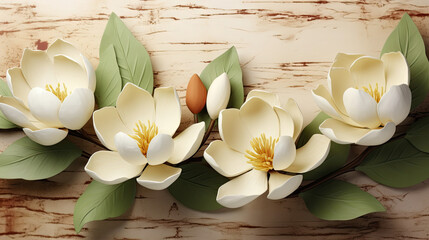 A variety of white flowers are arranged on a rustic wooden background. Perfect for spring-themed designs, nature-themed concepts, wedding invitations, or floral product promotions.