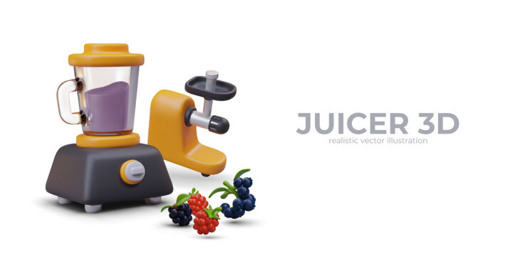 Realistic juicer, blender, fresh berries. Concept of making juice and smoothies. Modern kitchen appliances for vegetarian recipes. Vector composition on white background