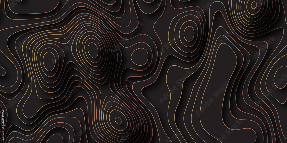 Poster Abstract black colorful gradient Topographic line map pattern background. Contour elevation topographic and textured Background Modern design with black background with topographic wavy patte.
