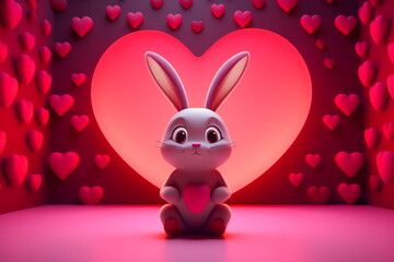 Fototapeta premium Valentine's day card with bunny. Rabbit cartoon collection. Small lovely rabbit with hearts
