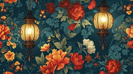 Serene floral pattern with lanterns that creates an atmosphere of tranquility.