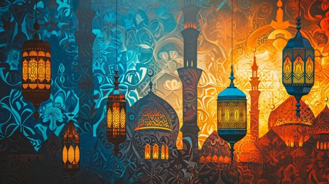 Silhouette of a mosque surrounded by lanterns.