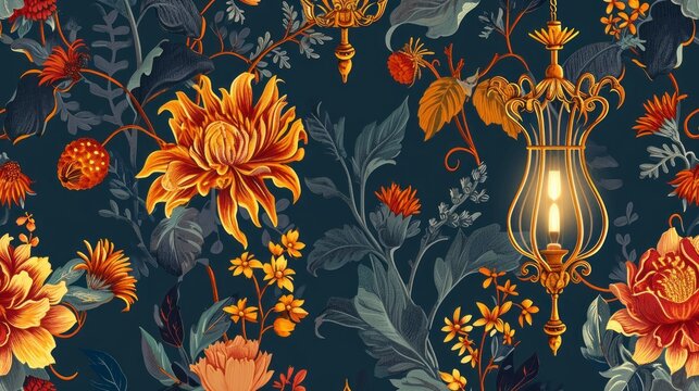 Floral pattern with lanterns on blue background.
